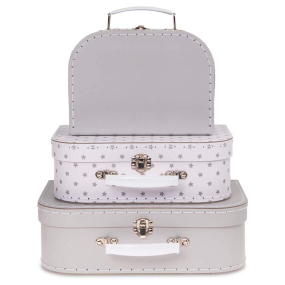 Jewelkeeper 3er-Set Kinderkoffer Hutschachtel - Stapelbare Pappkoffer für Geschenke, Dekoration, Aufbewahrung, Spielzeug, Fotos und Nähzubehör - Design mit grauen Sternen