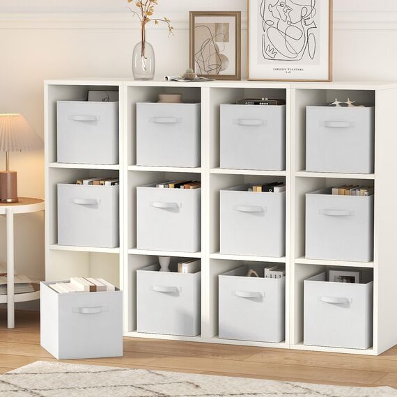 Lifewit 12 Stück Aufbewahrungswürfel, Aufbewahrungsbox aus Stoff, Ordnungsboxen aus Vliesstoff mit Griff für Würfelregal, Faltbox, Kleideraufbewahrung, Ordnungsboxen, 26,5 X 26,5 X 28 cm, Weiß
