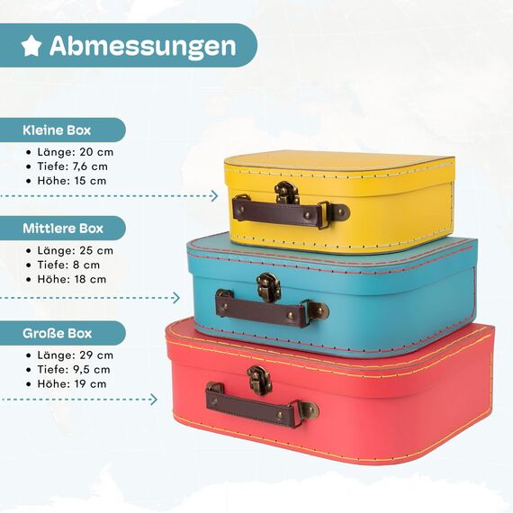 Jewelkeeper - Pappkoffer, Satz von 3 - Storage Geschenkboxen für Geburtstag, Hochzeit, Kinderzimmer, Büro Dekoration, Displays, Spielzeug, Fotos - Rot, Türkis und Gelb Aufbewahrungsboxen