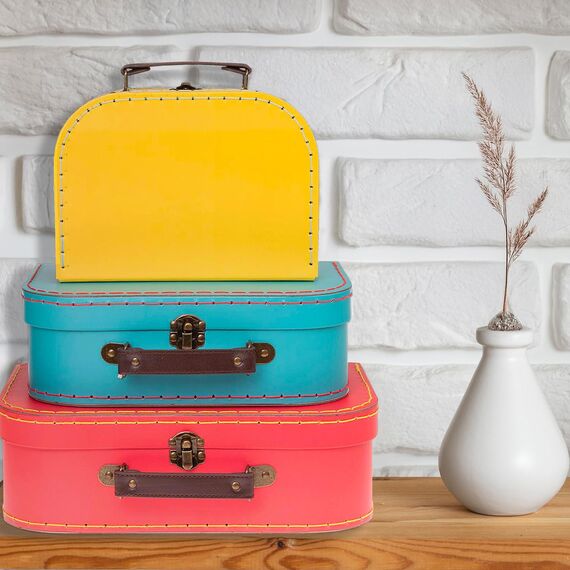 Jewelkeeper - Pappkoffer, Satz von 3 - Storage Geschenkboxen für Geburtstag, Hochzeit, Kinderzimmer, Büro Dekoration, Displays, Spielzeug, Fotos - Rot, Türkis und Gelb Aufbewahrungsboxen