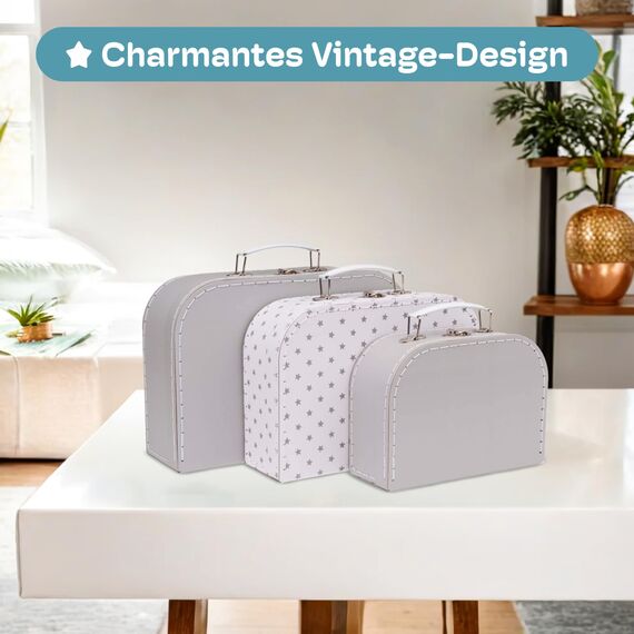 Jewelkeeper 3er-Set Kinderkoffer Hutschachtel - Stapelbare Pappkoffer für Geschenke, Dekoration, Aufbewahrung, Spielzeug, Fotos und Nähzubehör - Design mit grauen Sternen