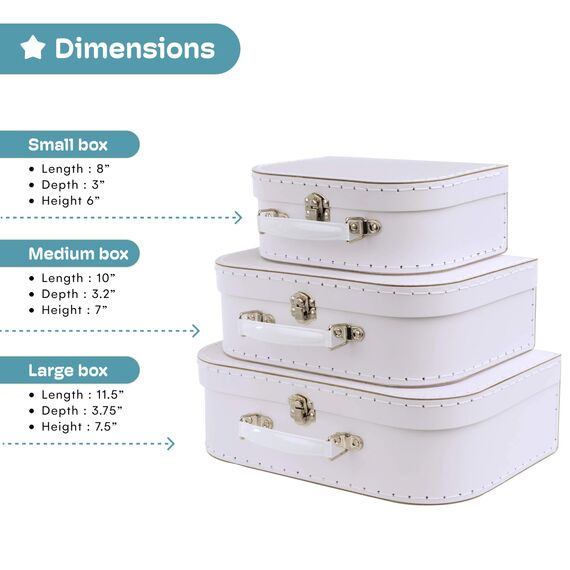Jewelkeeper Koffer aus Karton, Vintage-Design, dekorative Aufbewahrungsbox, Aufbewahrungslösung, Dekor für Geburtstag und Hochzeit, Weiß, 3 Stück