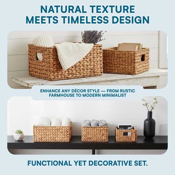 Honey Can Do DREI gewebte Aufbewahrungskörbe aus Wasserhyazinthe mit Griffen, Bananenblatt, Stahl, Natur, 3-Pack, 3