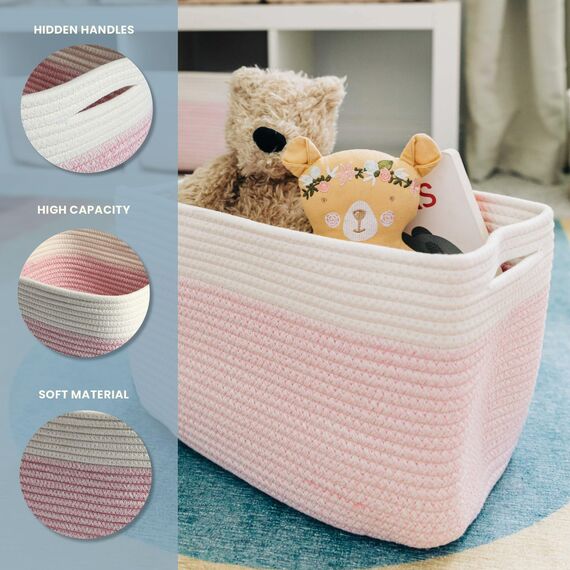 OrganiHaus Aufbewahrungskorb Rechteckig Geflochten, Körbe Aufbewahrung Wohnzimmer, Kinderzimmer, Badezimmer, Deko Korb, Faltbar mit Griffen für Decken & Spielzeug – Rosa & Cremeweiß, 37x25x22,5 cm