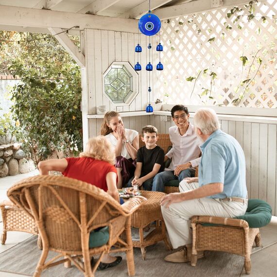 BWINKA Blaues Windspiel mit bösem Blick für drinnen und draußen – bruchfester, transparenter Acryl-Sonnenfänger und blaue Metallglocken, Wandbehang, Dekoration für Schutz, Glücksgeschenk