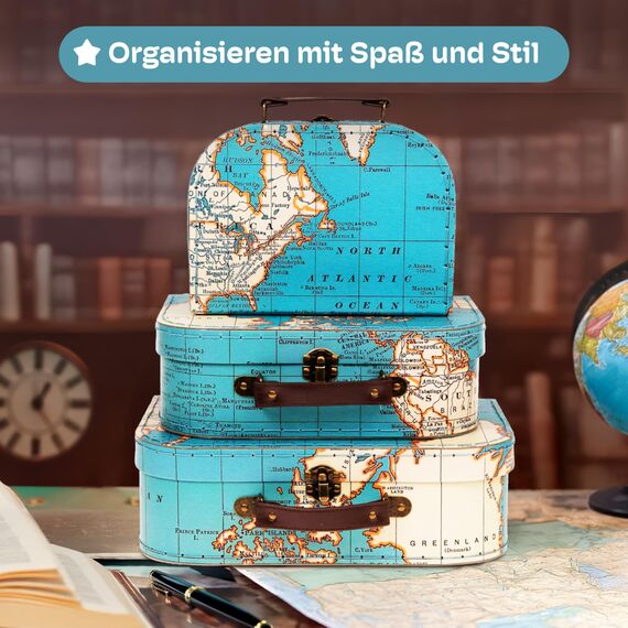 Jewelkeeper - Pappkoffer, Satz von 3 - Storage Geschenkboxen für Geburtstag, Hochzeit, Kinderzimmer, Büro Dekoration, Displays, Spielzeug, Fotos - Vintage Weltkarte Aufbewahrungsboxen