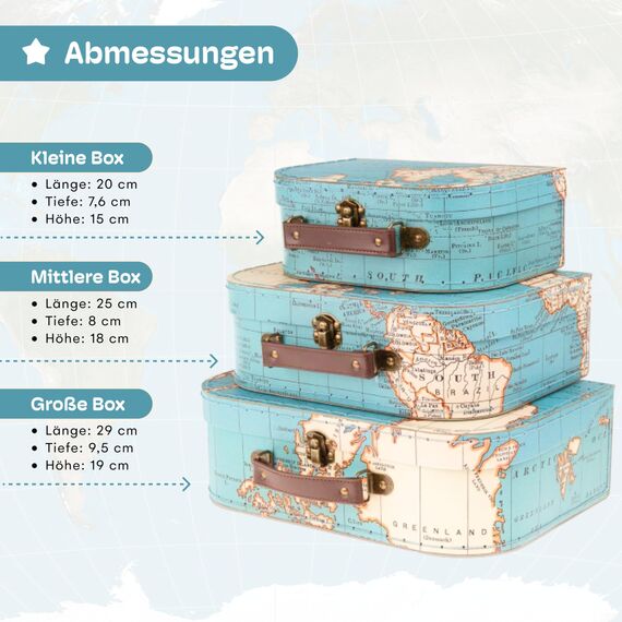 Jewelkeeper - Pappkoffer, Satz von 3 - Storage Geschenkboxen für Geburtstag, Hochzeit, Kinderzimmer, Büro Dekoration, Displays, Spielzeug, Fotos - Vintage Weltkarte Aufbewahrungsboxen