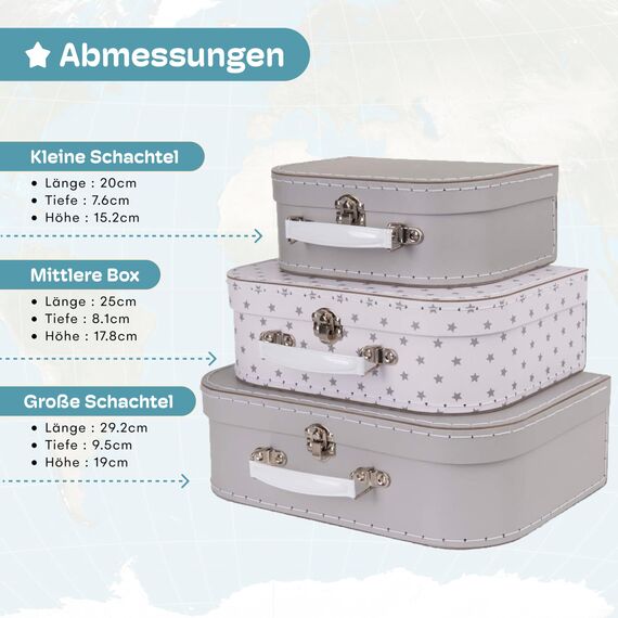Jewelkeeper 3er-Set Kinderkoffer Hutschachtel - Stapelbare Pappkoffer für Geschenke, Dekoration, Aufbewahrung, Spielzeug, Fotos und Nähzubehör - Design mit grauen Sternen