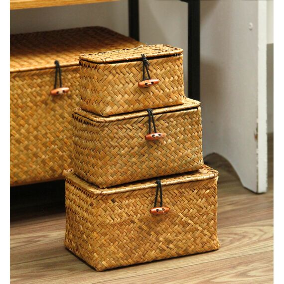 FEILANDUO Regalkörbe mit Deckel, handgewebt, klein, Seegras, Aufbewahrungskorb, Schreibtisch-Make-up-Organizer, Mehrzweck-Behälter (Natur, Kleiner 3er-Set (G/M/K))