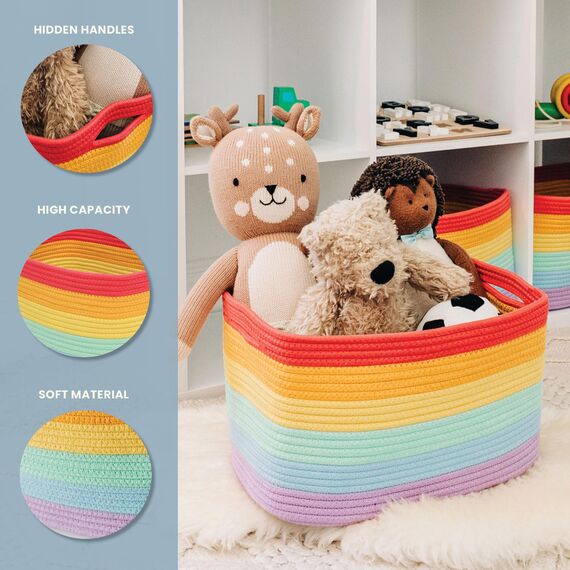 OrganiHaus Aufbewahrungskorb Rechteckig Geflochten, Körbe Aufbewahrung Wohnzimmer, Kinderzimmer, Badezimmer, Deko Korb, Faltbar mit Griffen für Decken & Spielzeug – Regenbogen, 37x25x22,5 cm