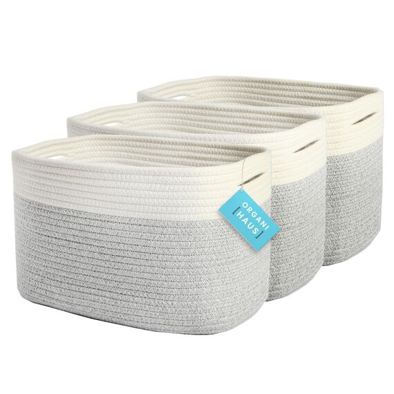 OrganiHaus Aufbewahrungskorb Rechteckig Geflochten, Körbe Aufbewahrung Wohnzimmer, Kinderzimmer, Badezimmer, Deko Korb, Faltbar mit Griffen für Decken & Spielzeug – Grau, 37x25x22,5 cm