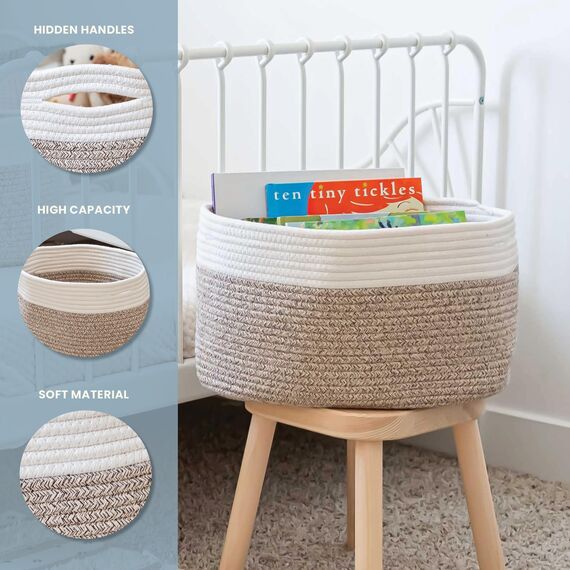 OrganiHaus Aufbewahrungskorb Rechteckig Geflochten, Körbe Aufbewahrung Wohnzimmer, Kinderzimmer, Badezimmer, Deko Korb, Faltbar mit Griffen für Decken & Spielzeug – Braun & Cremeweiß, 37x25x22,5 cm