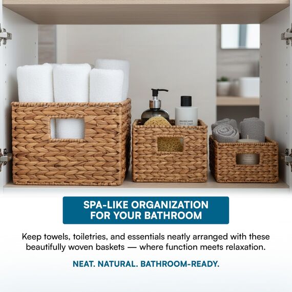 Honey Can Do DREI gewebte Aufbewahrungskörbe aus Wasserhyazinthe mit Griffen, Bananenblatt, Stahl, Natur, 3-Pack, 3