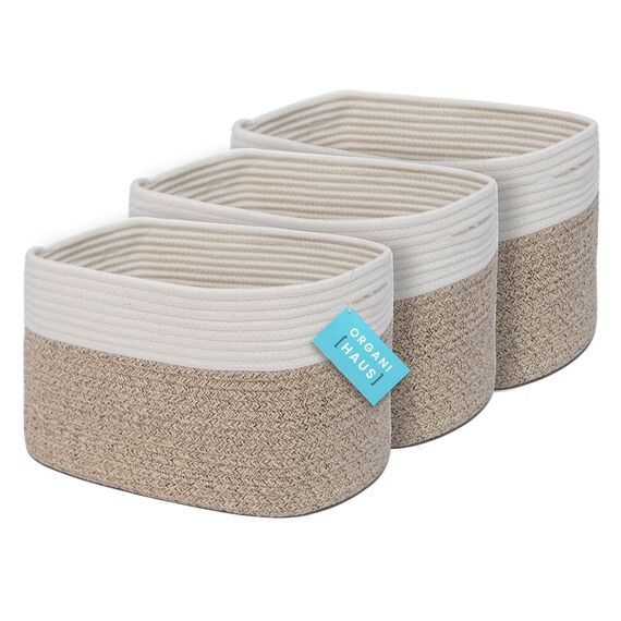 OrganiHaus Aufbewahrungskorb Rechteckig Geflochten, Körbe Aufbewahrung Wohnzimmer, Kinderzimmer, Badezimmer, Deko Korb, Faltbar mit Griffen für Decken & Spielzeug – Braun & Cremeweiß, 37x25x22,5 cm