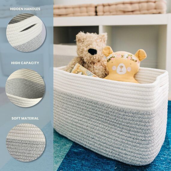 OrganiHaus Aufbewahrungskorb Rechteckig Geflochten, Körbe Aufbewahrung Wohnzimmer, Kinderzimmer, Badezimmer, Deko Korb, Faltbar mit Griffen für Decken & Spielzeug – Grau, 37x25x22,5 cm