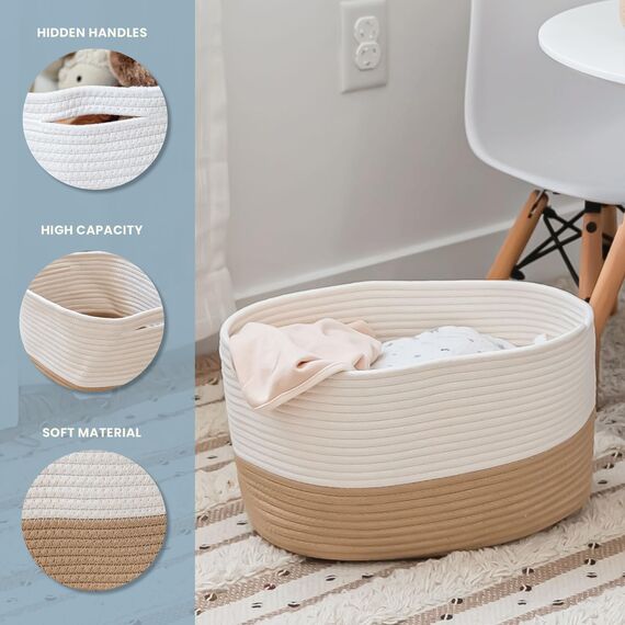 OrganiHaus Aufbewahrungskorb Rechteckig Geflochten, Körbe Aufbewahrung Wohnzimmer, Kinderzimmer, Badezimmer, Deko Korb, Faltbar mit Griffen für Decken & Spielzeug – Honig & Cremeweiß, 37x25x22,5 cm