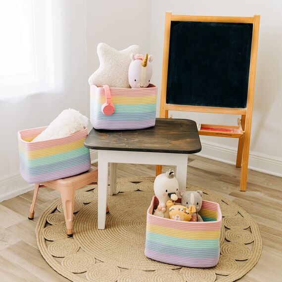 OrganiHaus Aufbewahrungskorb Rechteckig Geflochten, Körbe Aufbewahrung Wohnzimmer, Kinderzimmer, Badezimmer, Deko Korb, Faltbar mit Griffen für Decken & Spielzeug – Regenbogen, 37x25x22,5 cm