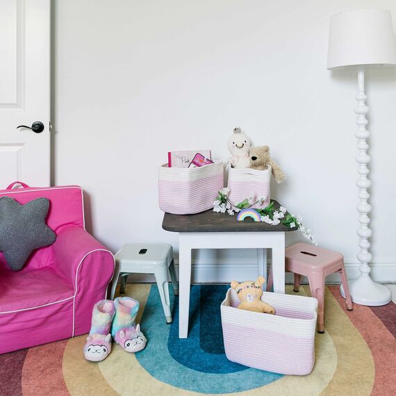 OrganiHaus Aufbewahrungskorb Rechteckig Geflochten, Körbe Aufbewahrung Wohnzimmer, Kinderzimmer, Badezimmer, Deko Korb, Faltbar mit Griffen für Decken & Spielzeug – Rosa & Cremeweiß, 37x25x22,5 cm