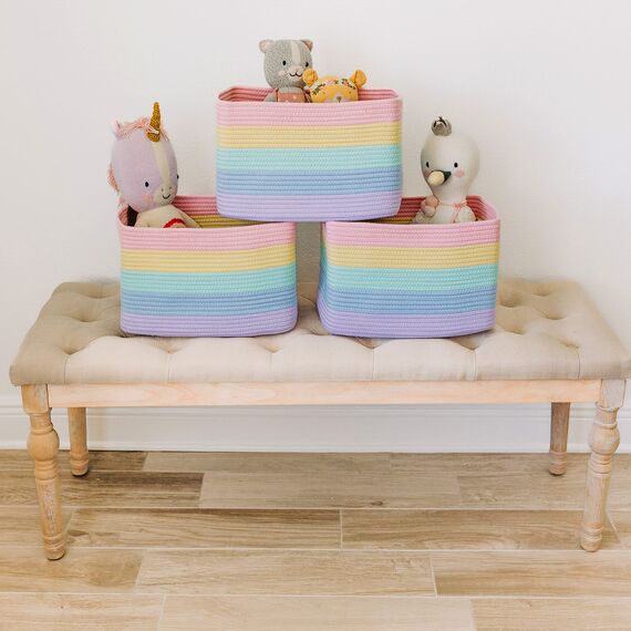 OrganiHaus Aufbewahrungskorb Rechteckig Geflochten, Körbe Aufbewahrung Wohnzimmer, Kinderzimmer, Badezimmer, Deko Korb, Faltbar mit Griffen für Decken & Spielzeug – Regenbogen, 37x25x22,5 cm