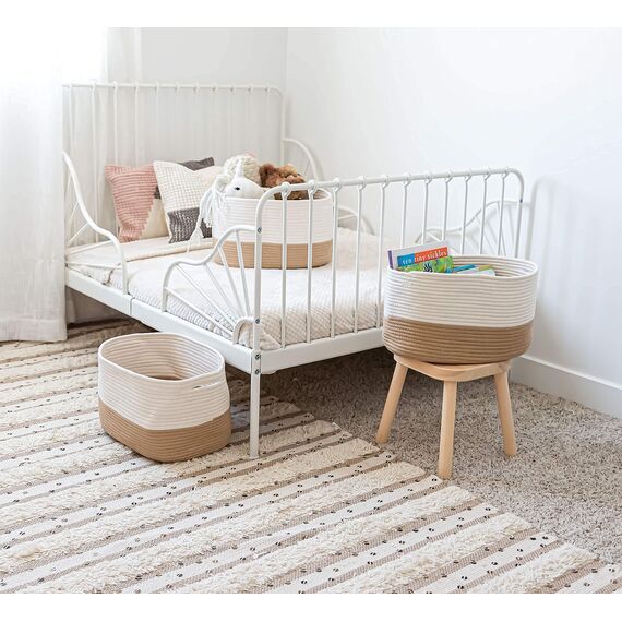OrganiHaus Aufbewahrungskorb Rechteckig Geflochten, Körbe Aufbewahrung Wohnzimmer, Kinderzimmer, Badezimmer, Deko Korb, Faltbar mit Griffen für Decken & Spielzeug – Honig & Cremeweiß, 37x25x22,5 cm