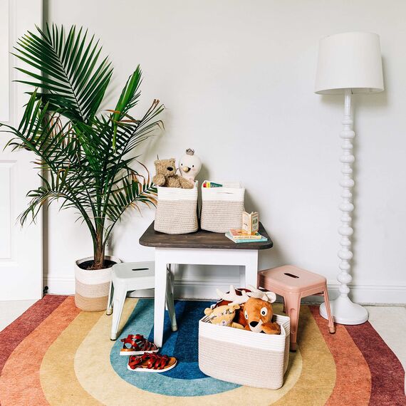 OrganiHaus Aufbewahrungskorb Rechteckig Geflochten, Körbe Aufbewahrung Wohnzimmer, Kinderzimmer, Badezimmer, Deko Korb, Faltbar mit Griffen für Decken & Spielzeug – Honig & Cremeweiß, 37x25x22,5 cm