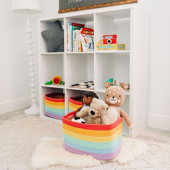 OrganiHaus Aufbewahrungskorb Rechteckig Geflochten, Körbe Aufbewahrung Wohnzimmer, Kinderzimmer, Badezimmer, Deko Korb, Faltbar mit Griffen für Decken & Spielzeug – Regenbogen, 37x25x22,5 cm