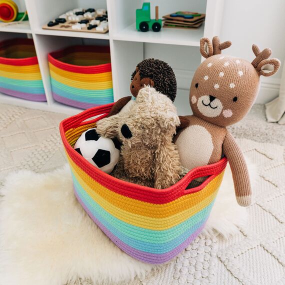OrganiHaus Aufbewahrungskorb Rechteckig Geflochten, Körbe Aufbewahrung Wohnzimmer, Kinderzimmer, Badezimmer, Deko Korb, Faltbar mit Griffen für Decken & Spielzeug – Regenbogen, 37x25x22,5 cm