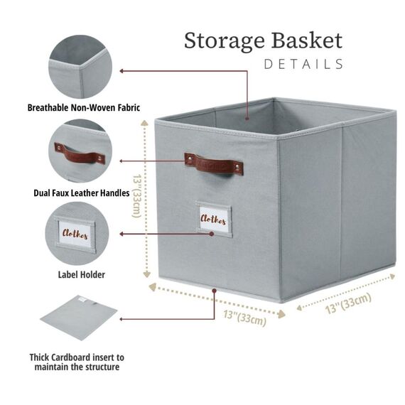DECOMOMO Aufbewahrungswürfel, 33 x 33 x 33 cm, Aufbewahrungswürfel mit Etiketten, Stoff-Organizer-Behälter (33 cm, 6 Stück, grau)