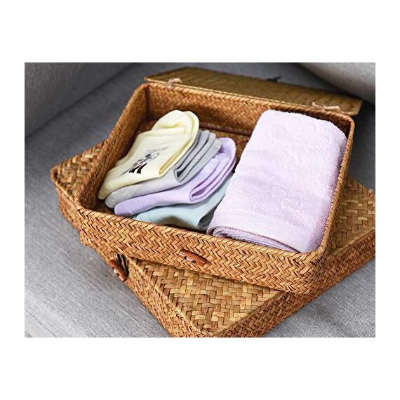 Rechteckig Rattankorb Aufbewahrung Korb Natürliches Gewebt Seegras Regalkörbe mit Deckel 2 Stück (Natürliche Groß + Klein)