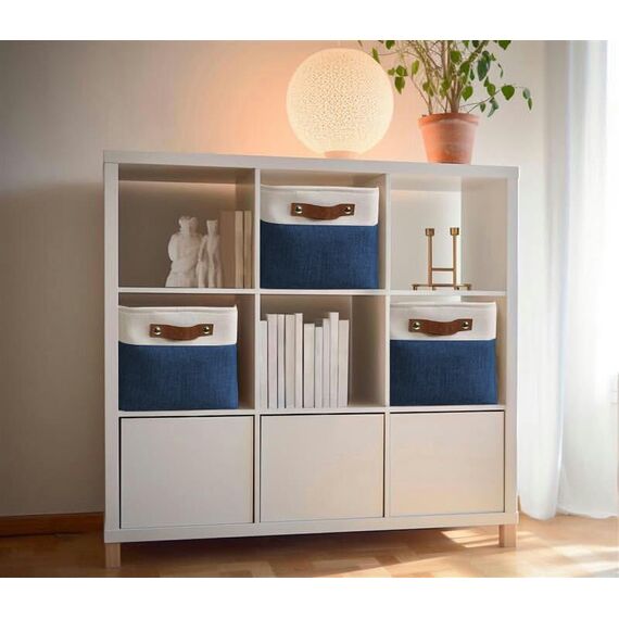 DECOMOMO Faltbarer Aufbewahrungskorb | Faltbarer stabiler Stoffkorb mit Griffen für die Organisation von Regal, Kinderzimmer, Spielzeugschrank (marineblau und weiß, groß – 4 Stück)