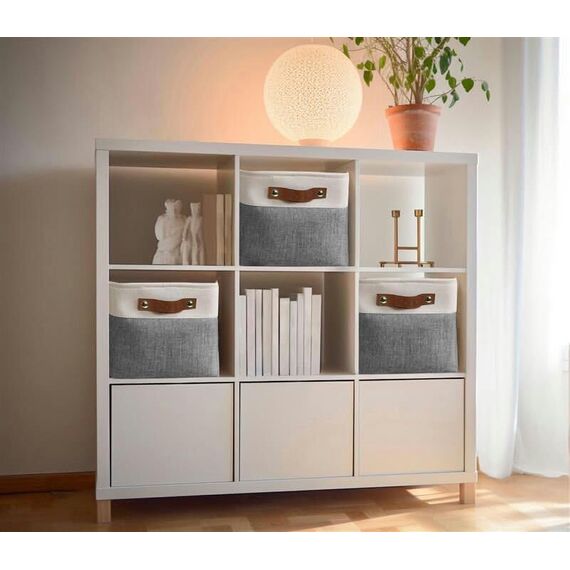 DECOMOMO faltbare Aufbewahrungskorb | robuster Stoffkorb mit Griffen für die Organisation von Regal, Kinderzimmer, Spielzeug, Schrank (Schiefergrau und Weiß, groß–3 Stück)