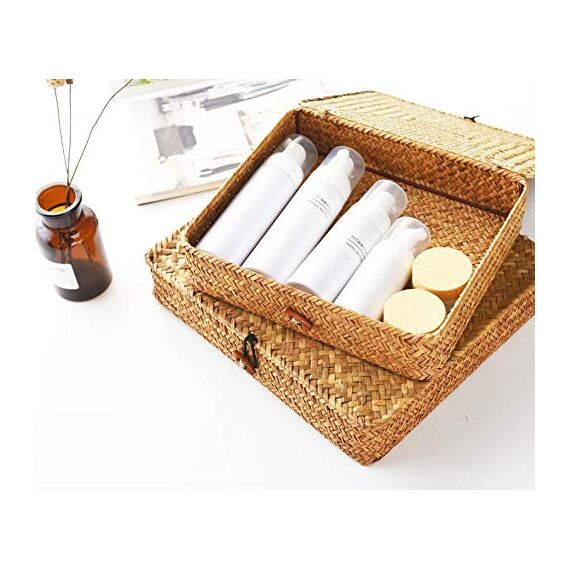 Rechteckig Rattankorb Aufbewahrung Korb Natürliches Gewebt Seegras Regalkörbe mit Deckel 2 Stück (Natürliche Groß + Klein)