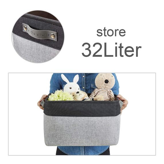 DECOMOMO Faltbarer Aufbewahrungskorb | Faltbarer stabiler Stoffkorb mit Griffen für die Organisation von Regal, Kinderzimmer, Spielzeugschrank (grau und schwarz, extra groß – 15,8 x 12,5 x 10–3 Stück)