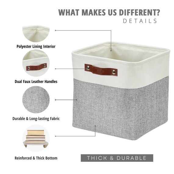 DECOMOMO faltbare Aufbewahrungskorb | robuster Stoffkorb mit Griffen für die Organisation von Regal, Kinderzimmer, Spielzeug, Schrank (Grau und Weiß, Würfel 28cm - 4er Pack)