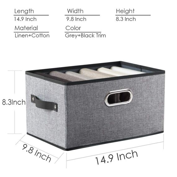 PRANDOM Aufbewahrungsbox,Faltbare Aufbewahrungskorb für Regale, Leinenstoff-Aufbewahrungswürfel mit Leder-/Metallgriffen,38x25x21cm,Aufbewahrungs Boxen, Grau[3-stück]