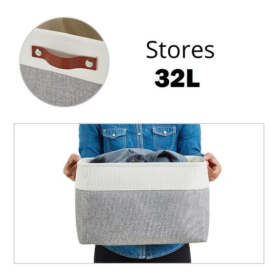 DECOMOMO faltbare Aufbewahrungskorb | robuster Stoffkorb mit Griffen für die Organisation von Regal, Kinderzimmer, Spielzeug, Schrank (Grau und Weiß, Extra groß–3 Stück)