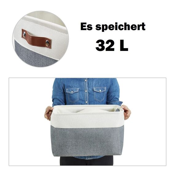 DECOMOMO faltbare Aufbewahrungskorb | robuster Stoffkorb mit Griffen für die Organisation von Regal, Kinderzimmer, Spielzeug, Schrank (Schiefergrau und Weiß, Extra groß–3 Stück)
