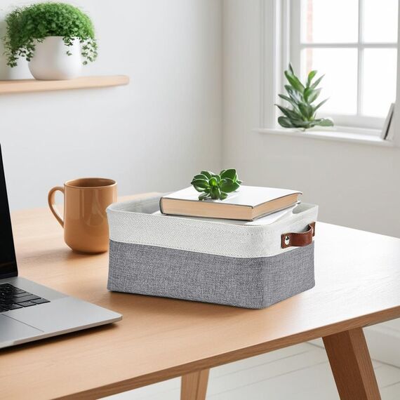 DECOMOMO faltbare Aufbewahrungskorb | robuster Stoffkorb mit Griffen für die Organisation von Regal, Kinderzimmer, Spielzeug, Schrank (Grau und Weiß, Klein - 6er Pack)