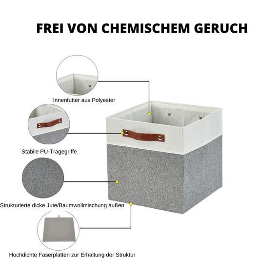 DECOMOMO faltbare Aufbewahrungskorb | robuster Stoffkorb mit Griffen für die Organisation von Regal, Kinderzimmer, Spielzeug, Schrank (Gray and white, 28cm – 4 Stück)