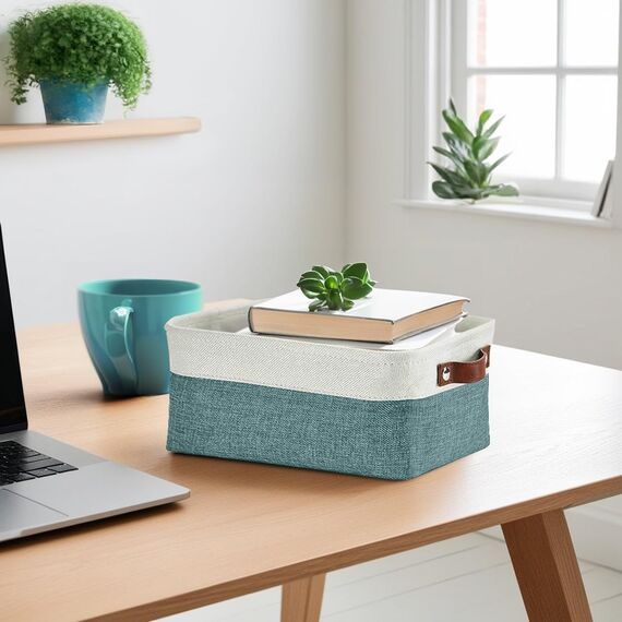 DECOMOMO Kleine Körbe, Aufbewahrungskörbe für die Organisation von Regalen, Wäscheschrank, Badezimmer, Babysachen, Kinderzimmer, Stoff, dekorative leere Körbe für Geschenke, Blaugrün und Weiß, Klein,