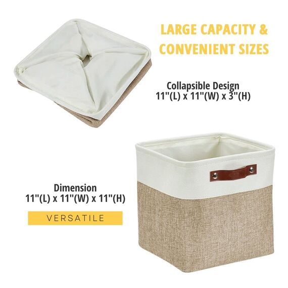 DECOMOMO faltbare Aufbewahrungskorb | robuster Stoffkorb mit Griffen für die Organisation von Regal, Kinderzimmer, Spielzeug, Schrank (Beige und Weiß, Würfel 28cm - 4er Pack)