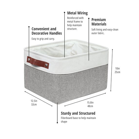 DECOMOMO Faltbarer Aufbewahrungskorb | stabiler Stoffkorb mit Griffen für die Organisation von Regal, Kinderzimmer, Spielzeugschrank (grau und weiß, extra groß, 40,1 x 31,8 25,4 cm – 4 Stück