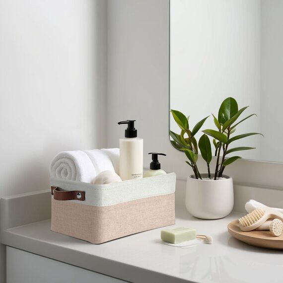 DECOMOMO Faltbarer Aufbewahrungskorb aus robustem kationischem Stoff, würfelförmig, mit Griffen, für die Organisation von Regal, Schrank (beige und weiß, klein – 30 x 20 x 15 cm – 6 Stück)