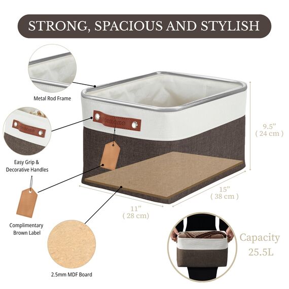 DECOMOMO Faltbarer Aufbewahrungskorb | Faltbarer stabiler Stoffkorb mit Griffen für die Organisation von Regal, Kinderzimmer, Spielzeugschrank (braun und weiß, groß – 4 Stück)