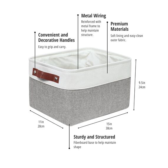 DECOMOMO faltbare Aufbewahrungskorb | robuster Stoffkorb mit Griffen für die Organisation von Regal, Kinderzimmer, Spielzeug, Schrank (Grau und Weiß, groß–4 Stück)
