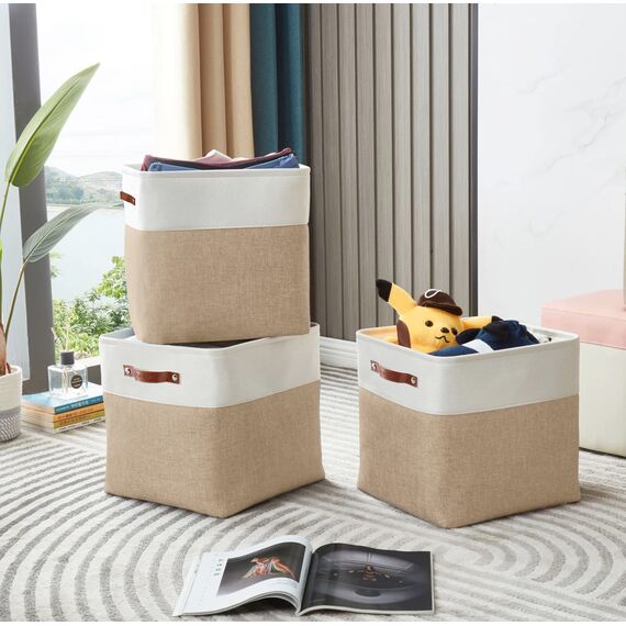 DECOMOMO Aufbewahrungsbehälter in Würfelform, Aufbewahrungslösung aus Stoff zum Organisieren von Regal, Kallax, Schrank, Kinderzimmer, Spielzeug, Stoff, Badezimmer, 33 cm, Beige und Weiß