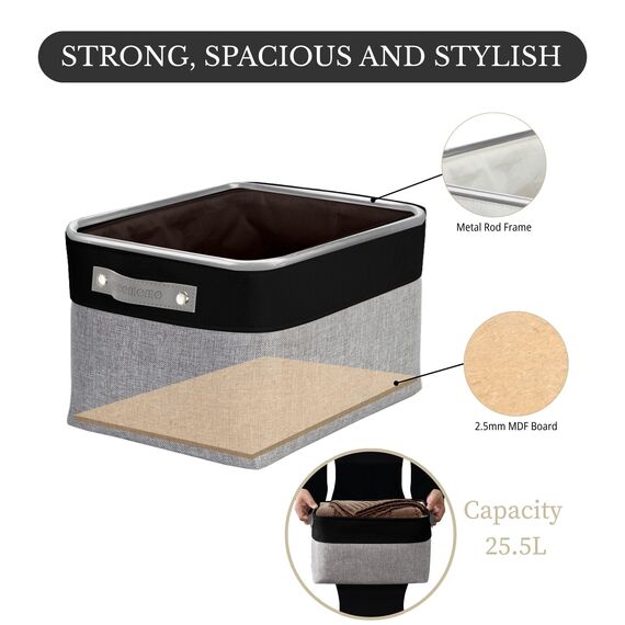 DECOMOMO Faltbarer Aufbewahrungskorb | Faltbarer stabiler Stoffkorb mit Griffen für die Organisation von Regal, Kinderzimmer, Spielzeugschrank (grau und schwarz, groß – 3 Stück)