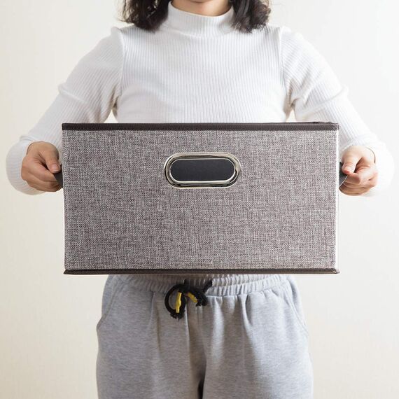 PRANDOM Aufbewahrungsbox,Faltbare Aufbewahrungskorb für Regale, Leinenstoff-Aufbewahrungswürfel mit Leder-/Metallgriffen,38x25x21cm,Aufbewahrungs Boxen, Grau[3-stück]