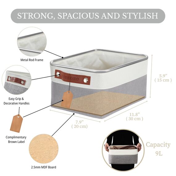 DECOMOMO faltbare Aufbewahrungskorb | robuster Stoffkorb mit Griffen für die Organisation von Regal, Kinderzimmer, Spielzeug, Schrank (Grau und Weiß, Klein - 6er Pack)