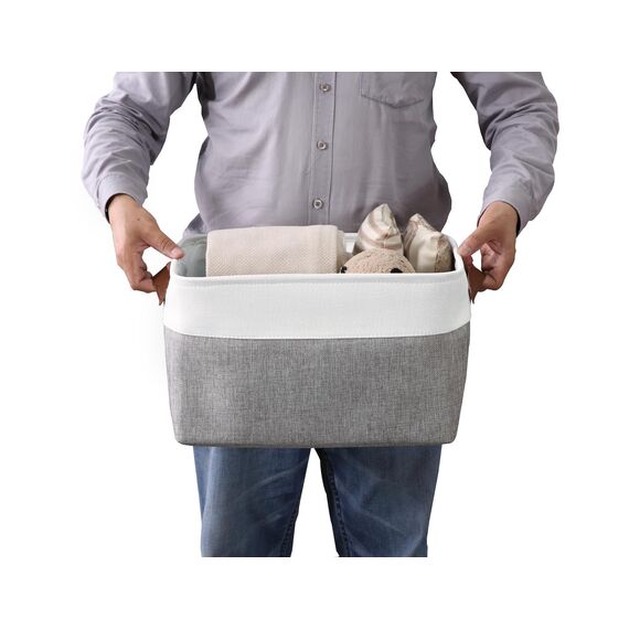 DECOMOMO Faltbarer Aufbewahrungskorb | stabiler Stoffkorb mit Griffen für die Organisation von Regal, Kinderzimmer, Spielzeugschrank (grau und weiß, extra groß, 40,1 x 31,8 25,4 cm – 4 Stück